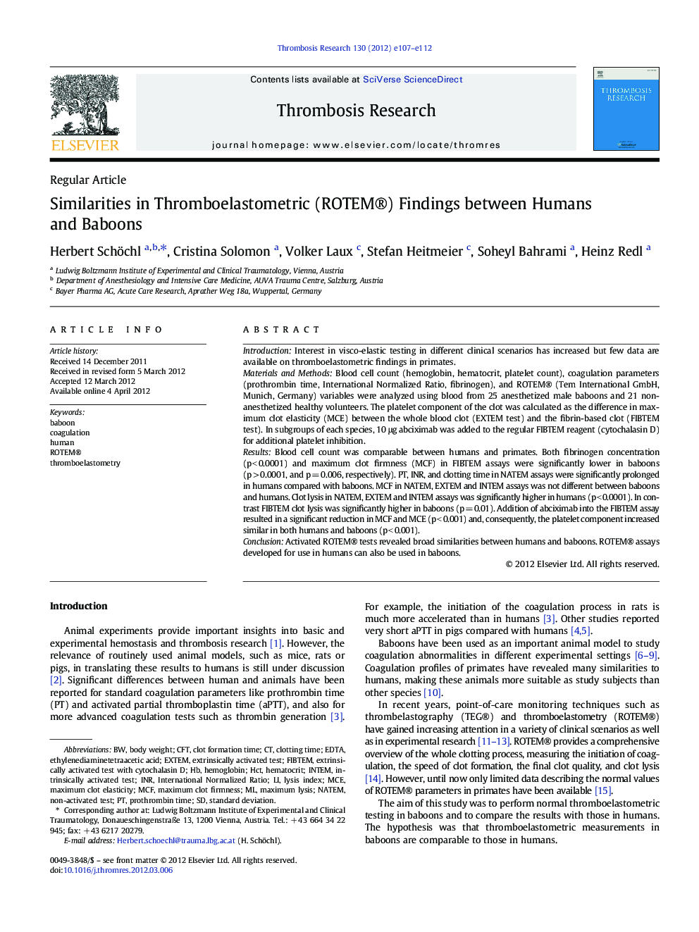 Similarities in Thromboelastometric (ROTEM®) Findings between Humans and Baboons