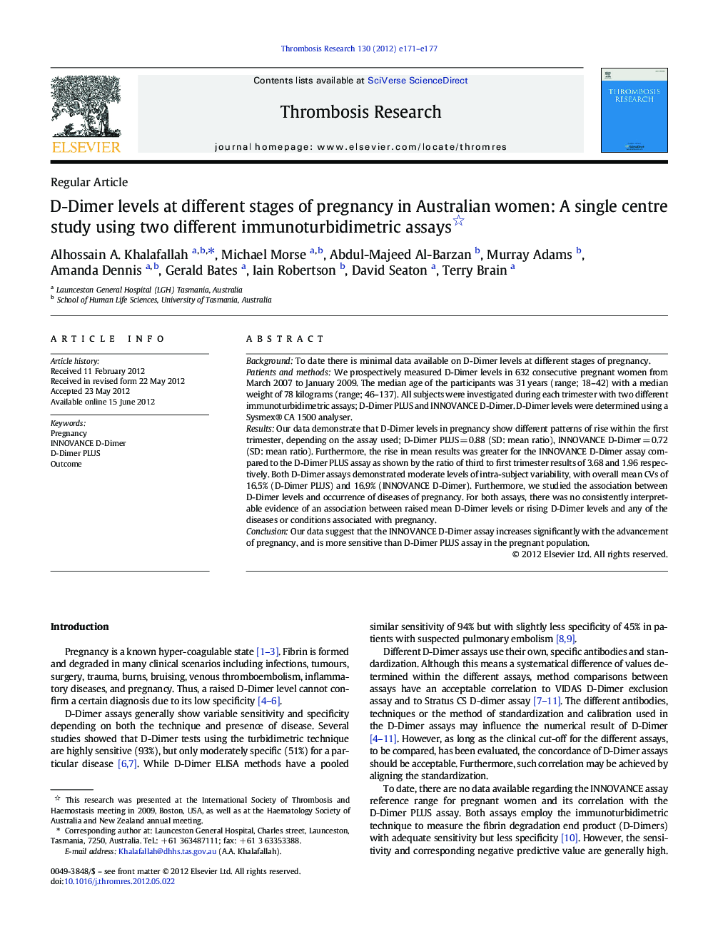 D-Dimer levels at different stages of pregnancy in Australian women: A single centre study using two different immunoturbidimetric assays 