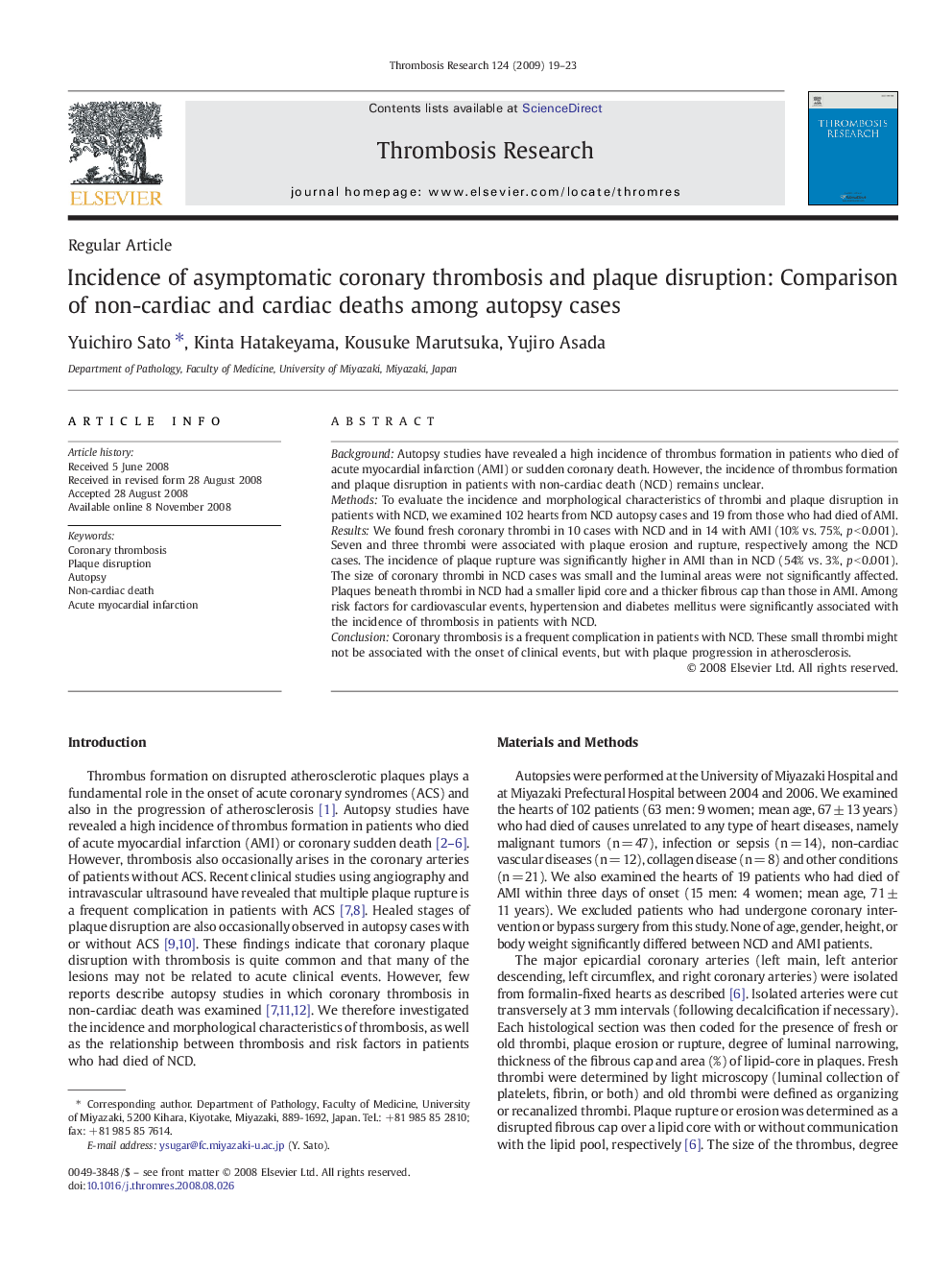 Incidence of asymptomatic coronary thrombosis and plaque disruption: Comparison of non-cardiac and cardiac deaths among autopsy cases