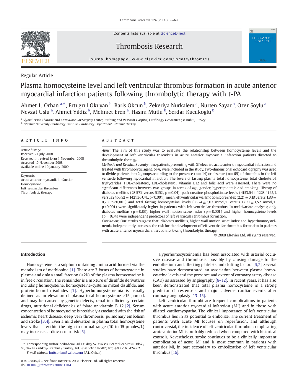 Plasma homocysteine level and left ventricular thrombus formation in acute anterior myocardial infarction patients following thrombolytic therapy with t-PA