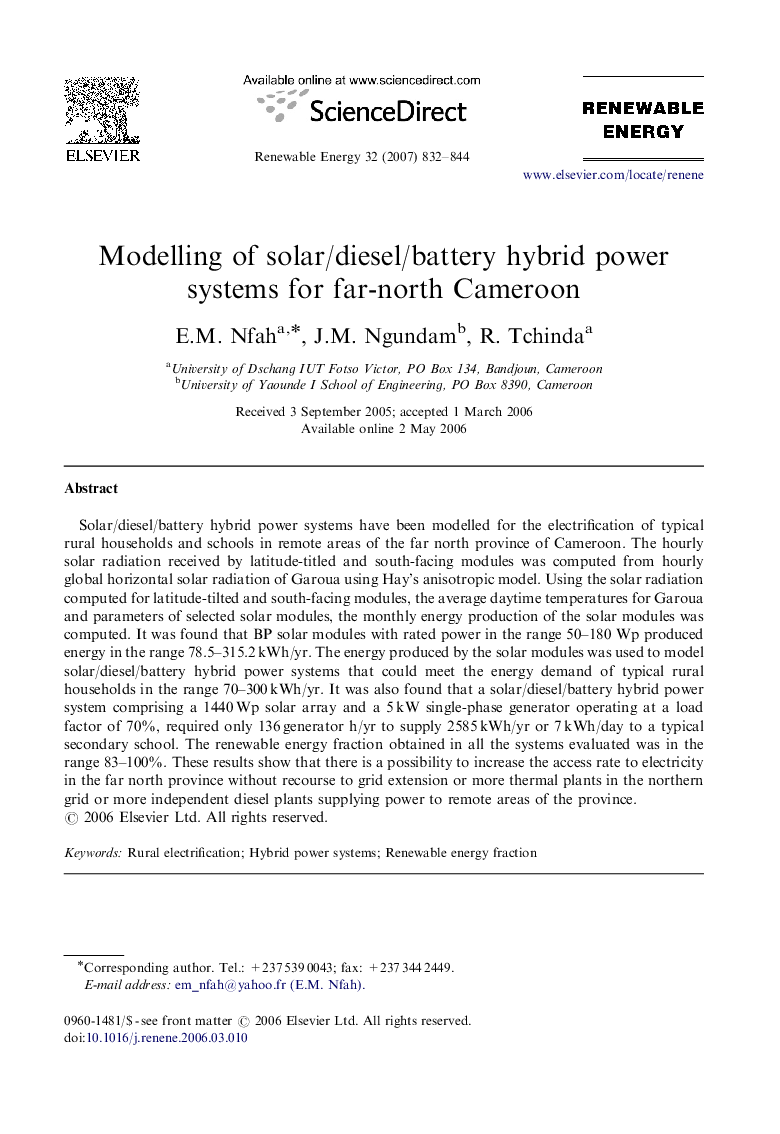 Modelling of solar/diesel/battery hybrid power systems for far-north Cameroon