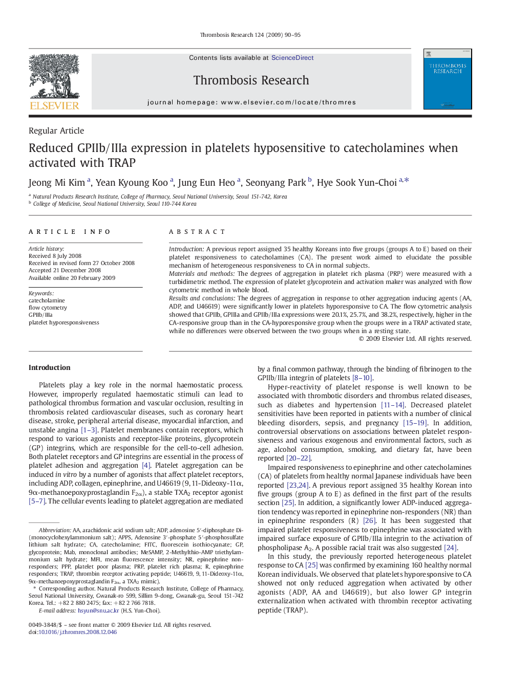 Reduced GPIIb/IIIa expression in platelets hyposensitive to catecholamines when activated with TRAP