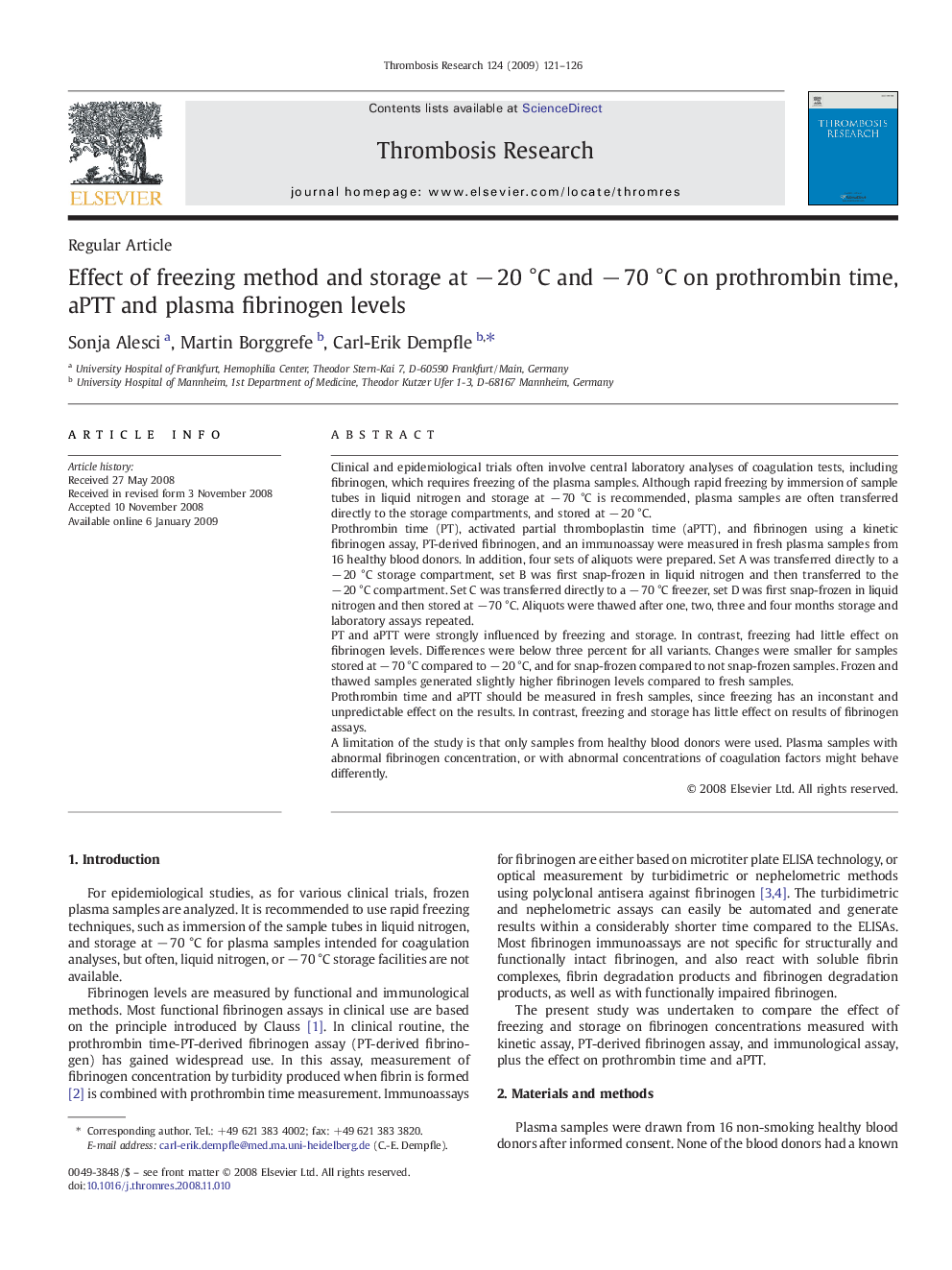Effect of freezing method and storage at − 20 °C and − 70 °C on prothrombin time, aPTT and plasma fibrinogen levels