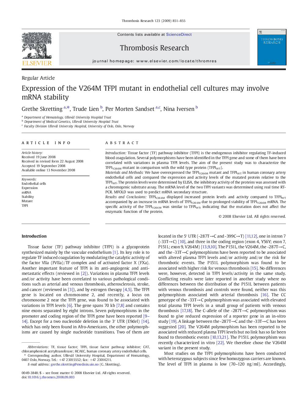 Expression of the V264M TFPI mutant in endothelial cell cultures may involve mRNA stability