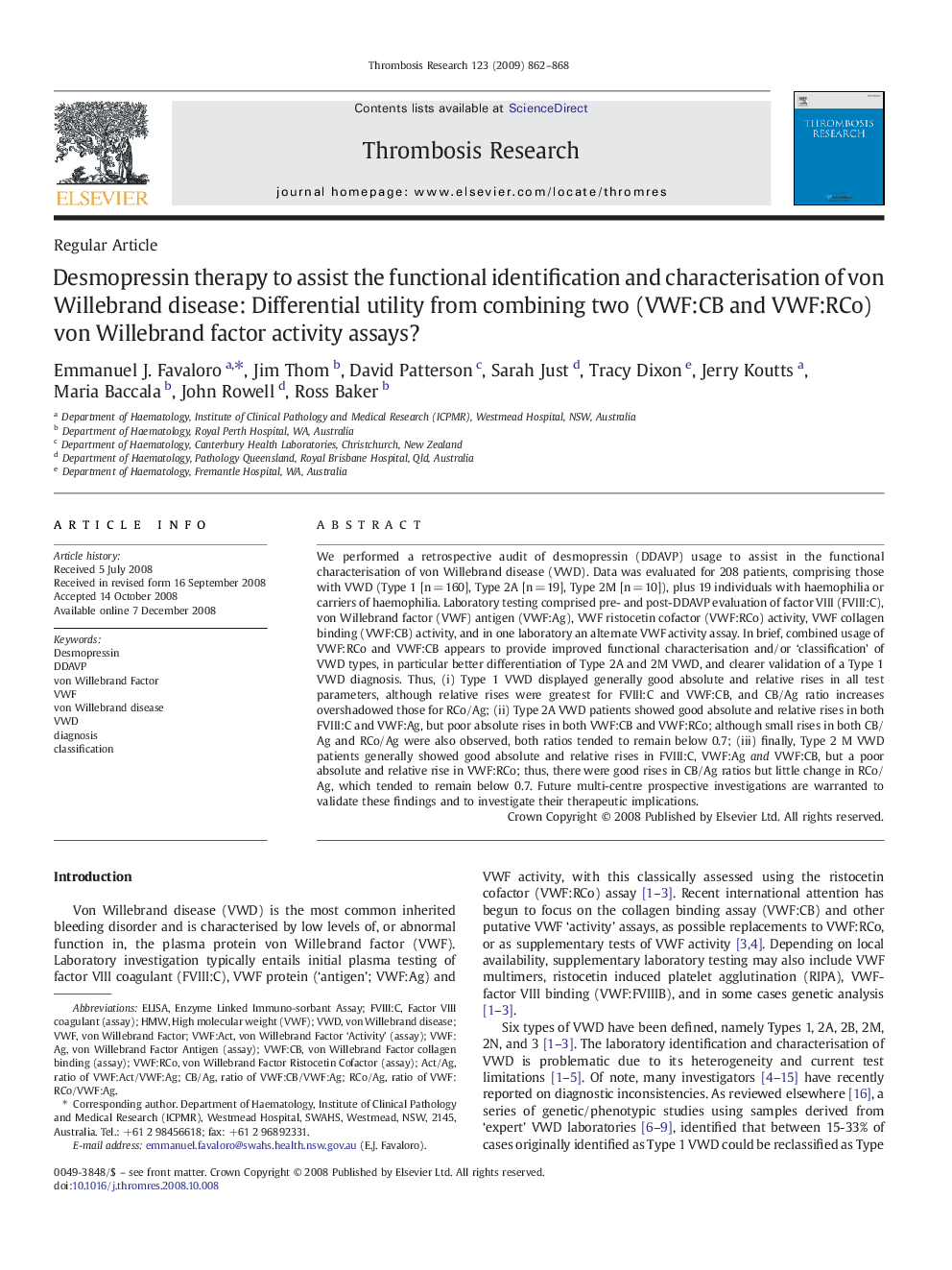 Desmopressin therapy to assist the functional identification and characterisation of von Willebrand disease: Differential utility from combining two (VWF:CB and VWF:RCo) von Willebrand factor activity assays?