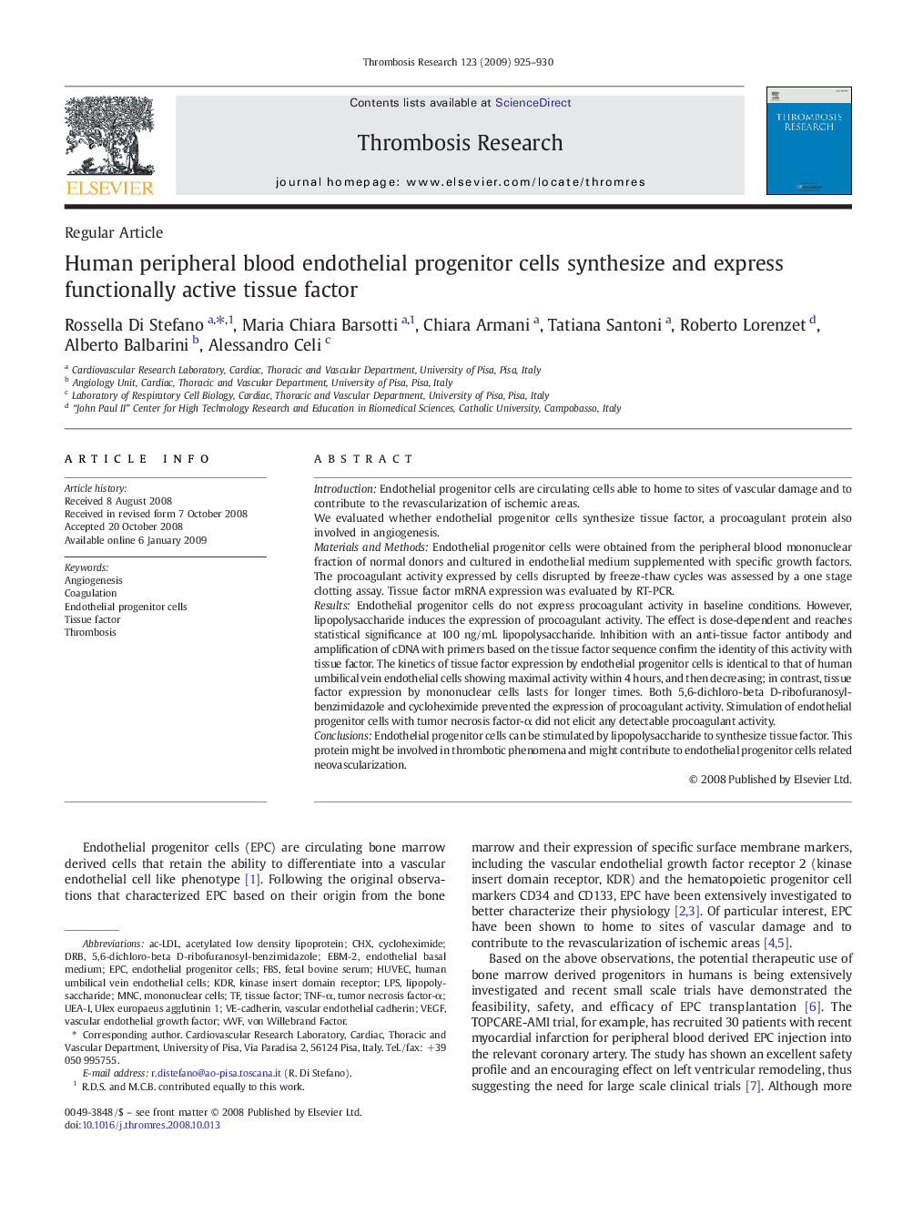 Human peripheral blood endothelial progenitor cells synthesize and express functionally active tissue factor