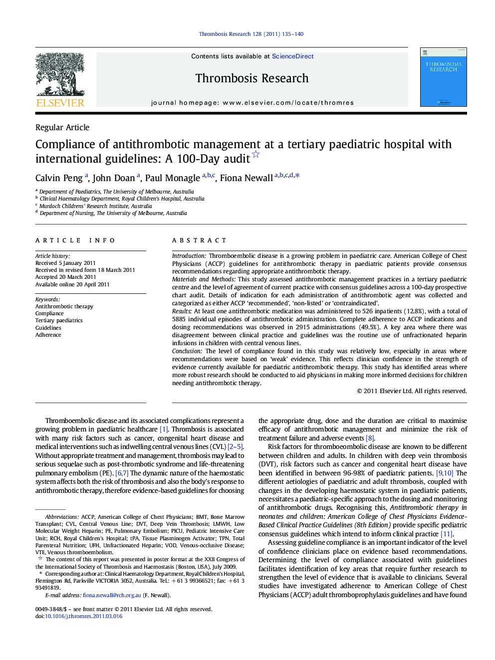 Compliance of antithrombotic management at a tertiary paediatric hospital with international guidelines: A 100-Day audit 