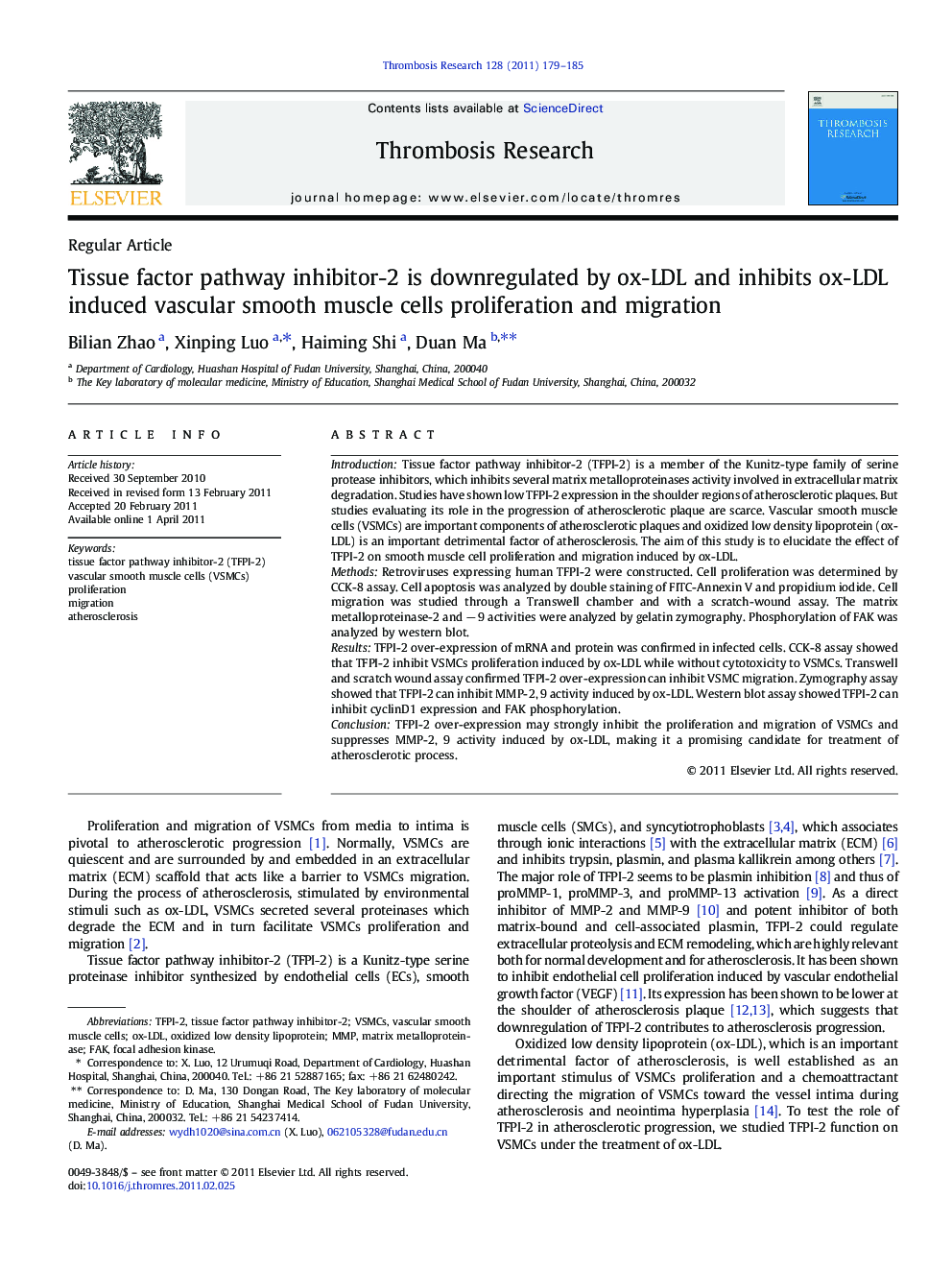 Tissue factor pathway inhibitor-2 is downregulated by ox-LDL and inhibits ox-LDL induced vascular smooth muscle cells proliferation and migration