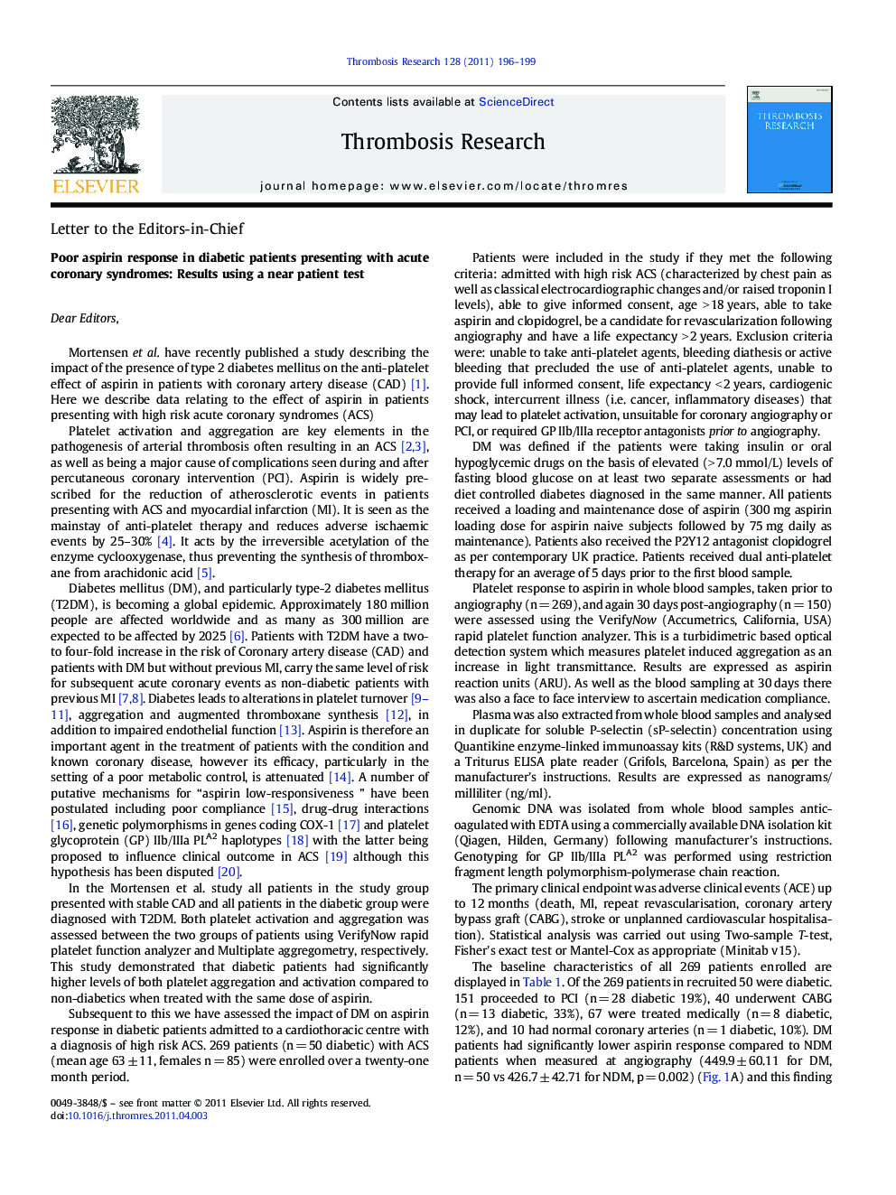Poor aspirin response in diabetic patients presenting with acute coronary syndromes: Results using a near patient test