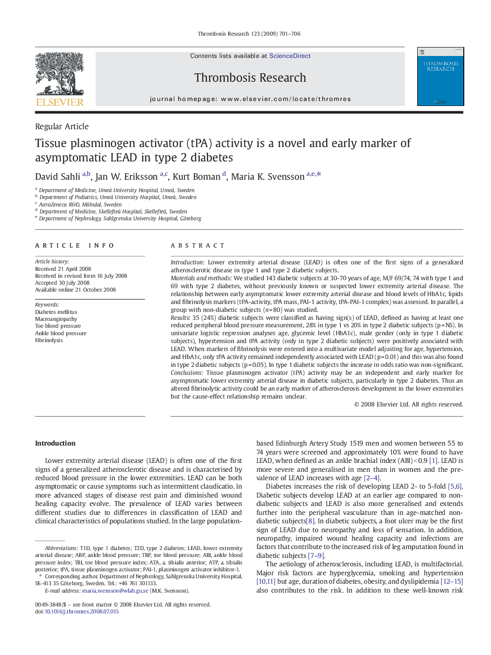 Tissue plasminogen activator (tPA) activity is a novel and early marker of asymptomatic LEAD in type 2 diabetes