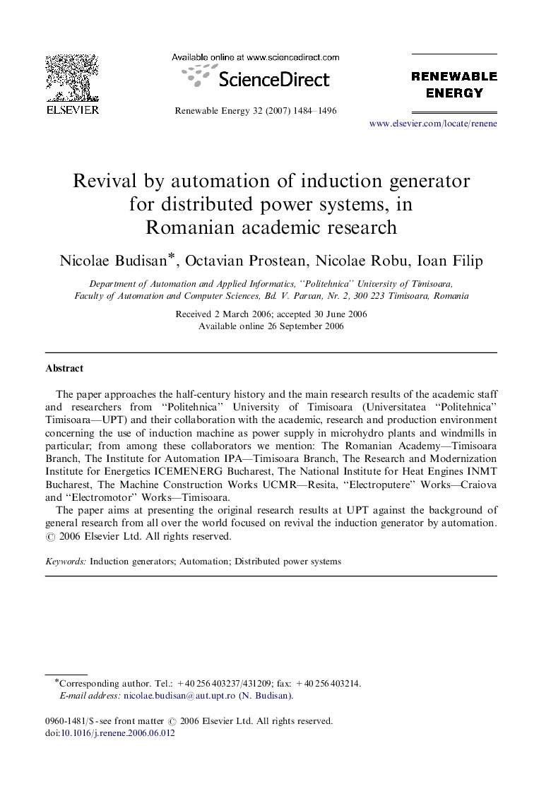 Revival by automation of induction generator for distributed power systems, in Romanian academic research