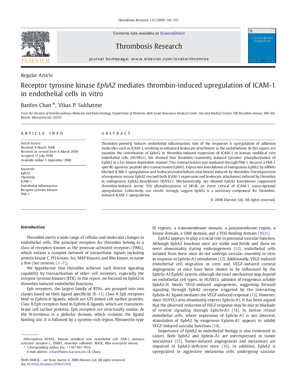 Receptor tyrosine kinase EphA2 mediates thrombin-induced upregulation of ICAM-1 in endothelial cells in vitro