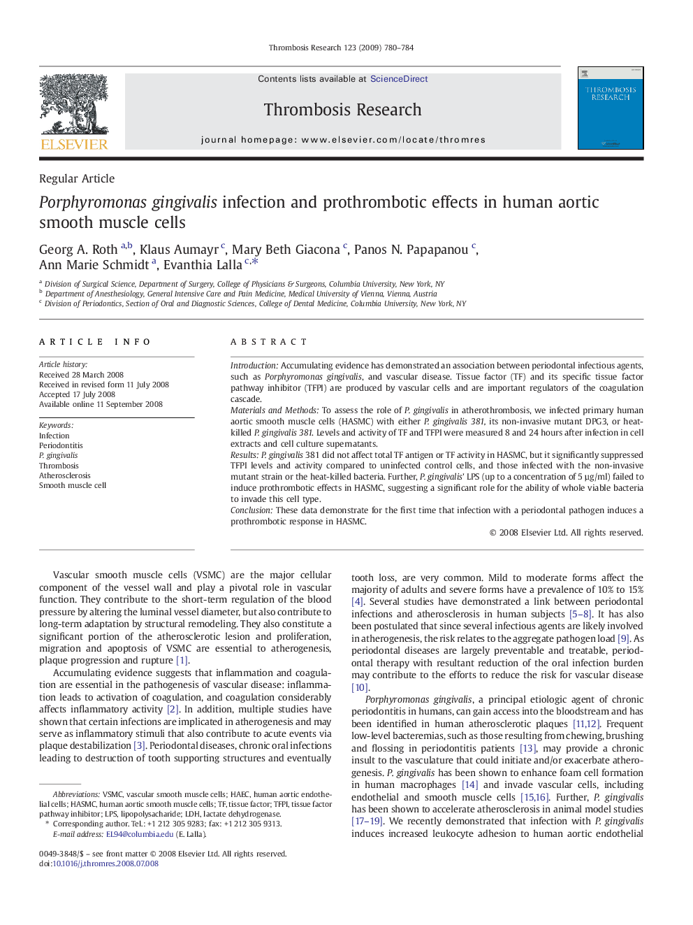 Porphyromonas gingivalis infection and prothrombotic effects in human aortic smooth muscle cells