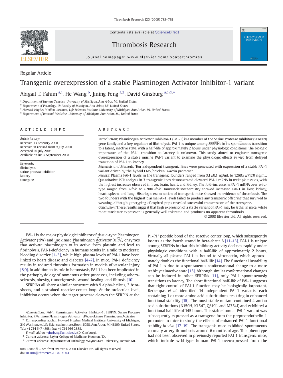 Transgenic overexpression of a stable Plasminogen Activator Inhibitor-1 variant