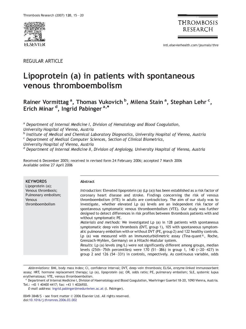 Lipoprotein (a) in patients with spontaneous venous thromboembolism