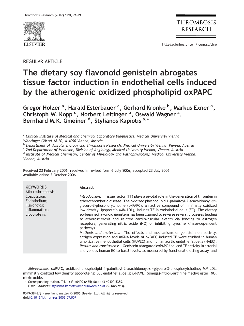 The dietary soy flavonoid genistein abrogates tissue factor induction in endothelial cells induced by the atherogenic oxidized phospholipid oxPAPC