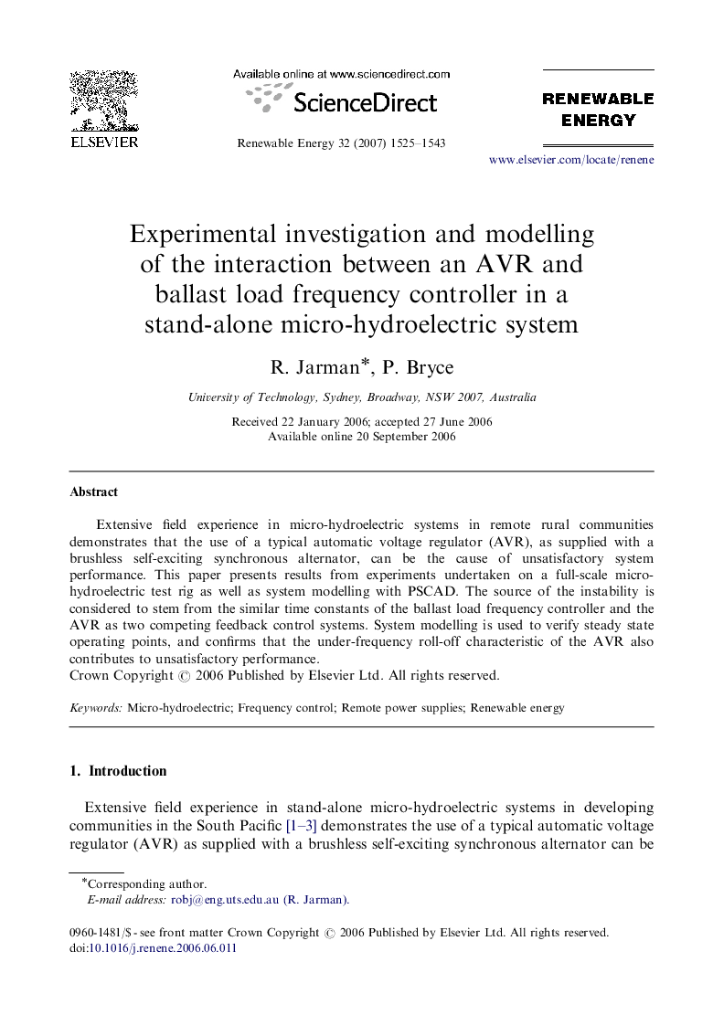 عکس صفحه اول مقاله: Experimental investigation and modelling of the interaction between an AVR and ballast load frequency controller in a stand-alone micro-hydroelectric system Experimental investigation and modelling of the interaction between an AVR and ballast load frequency controller in a stand-alone micro-hydroelectric system