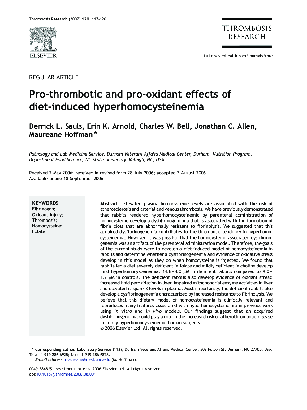 Pro-thrombotic and pro-oxidant effects of diet-induced hyperhomocysteinemia