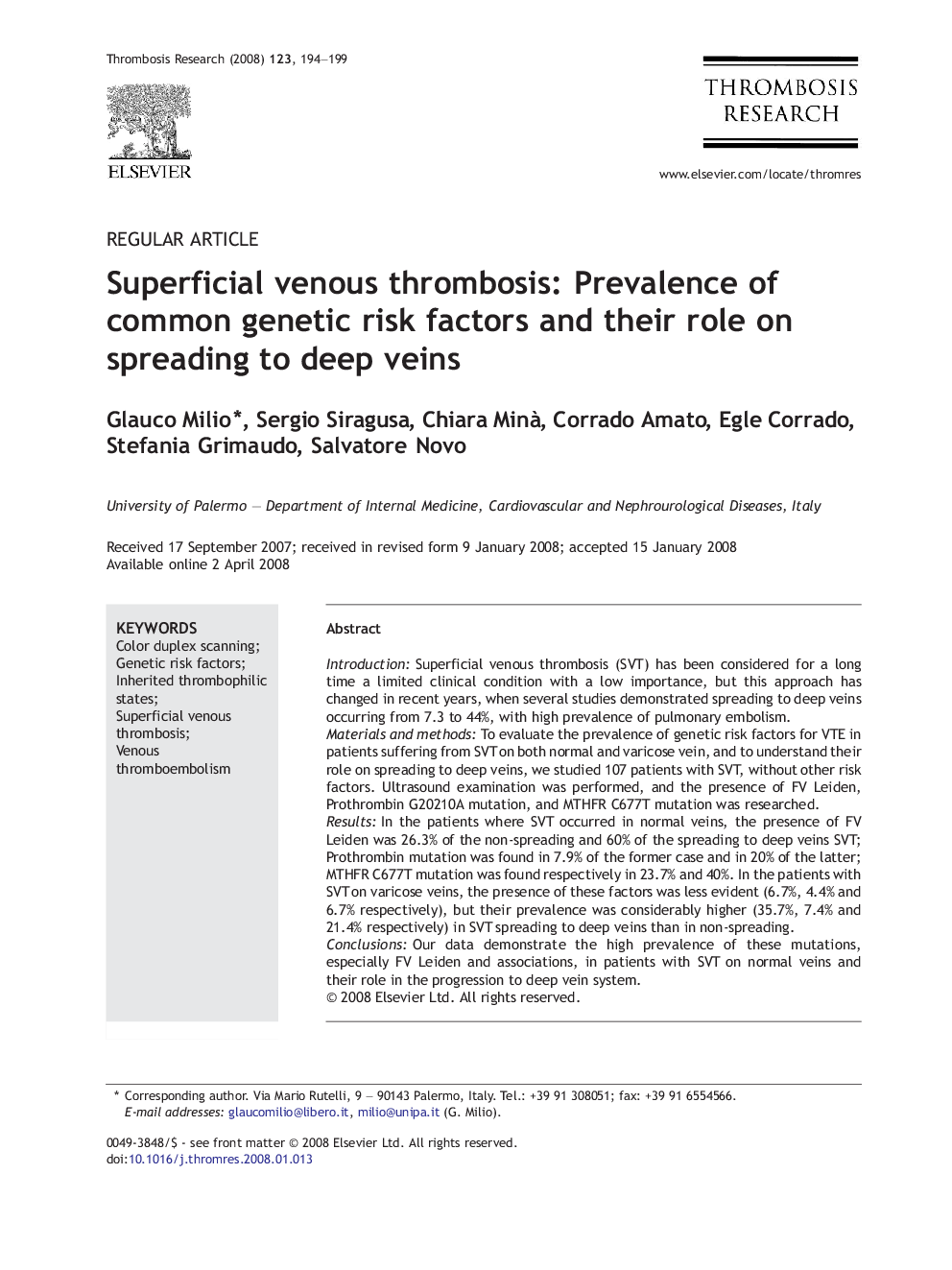 Superficial venous thrombosis: Prevalence of common genetic risk factors and their role on spreading to deep veins