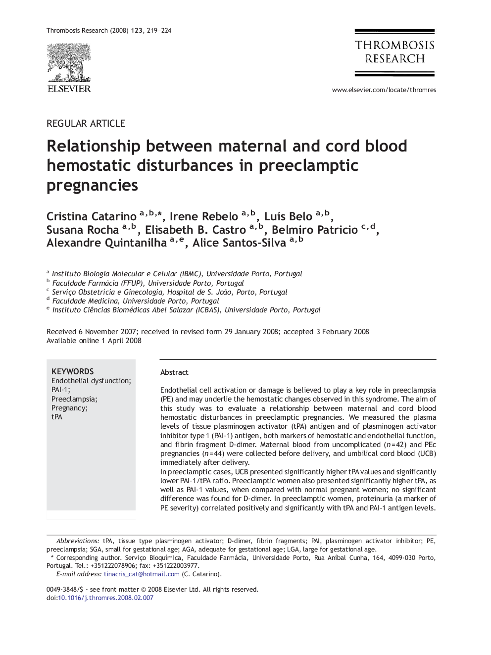 Relationship between maternal and cord blood hemostatic disturbances in preeclamptic pregnancies