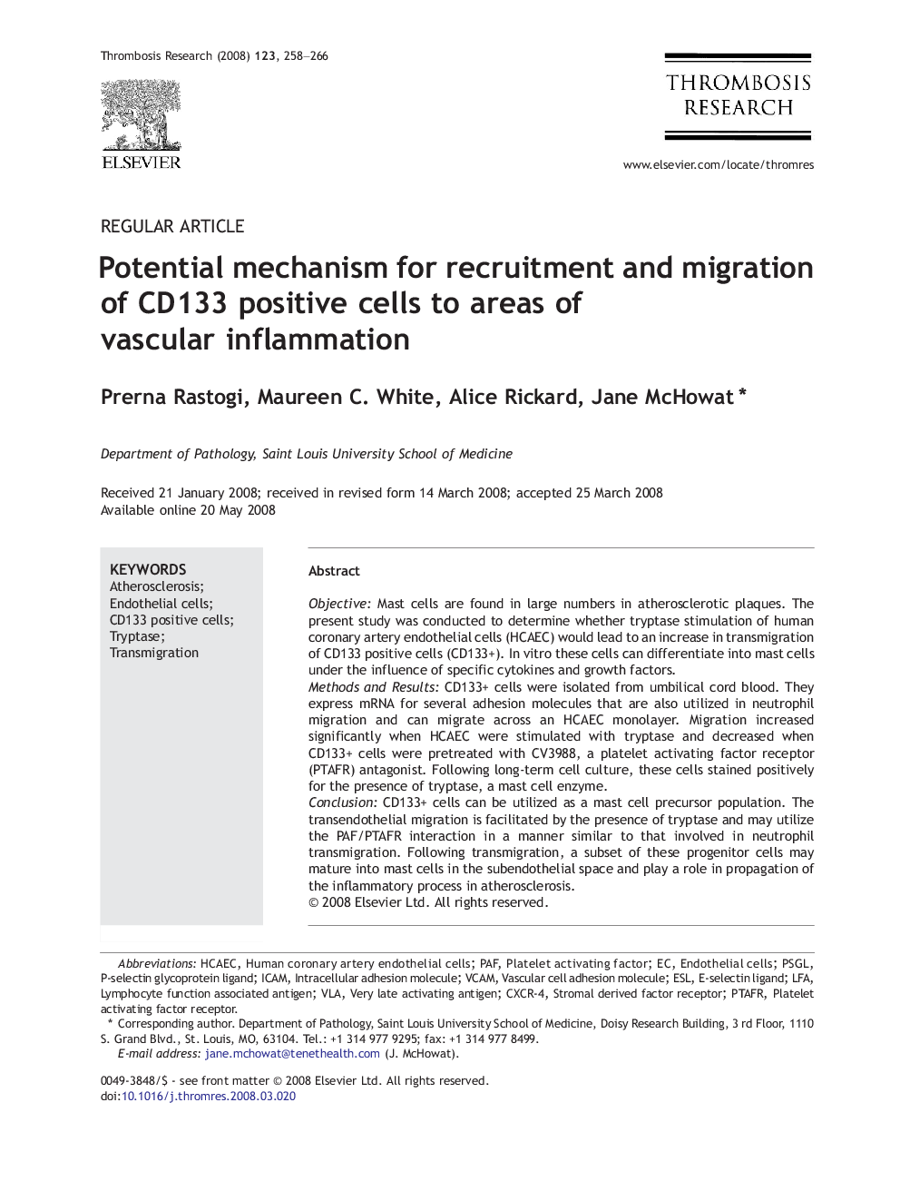 Potential mechanism for recruitment and migration of CD133 positive cells to areas of vascular inflammation