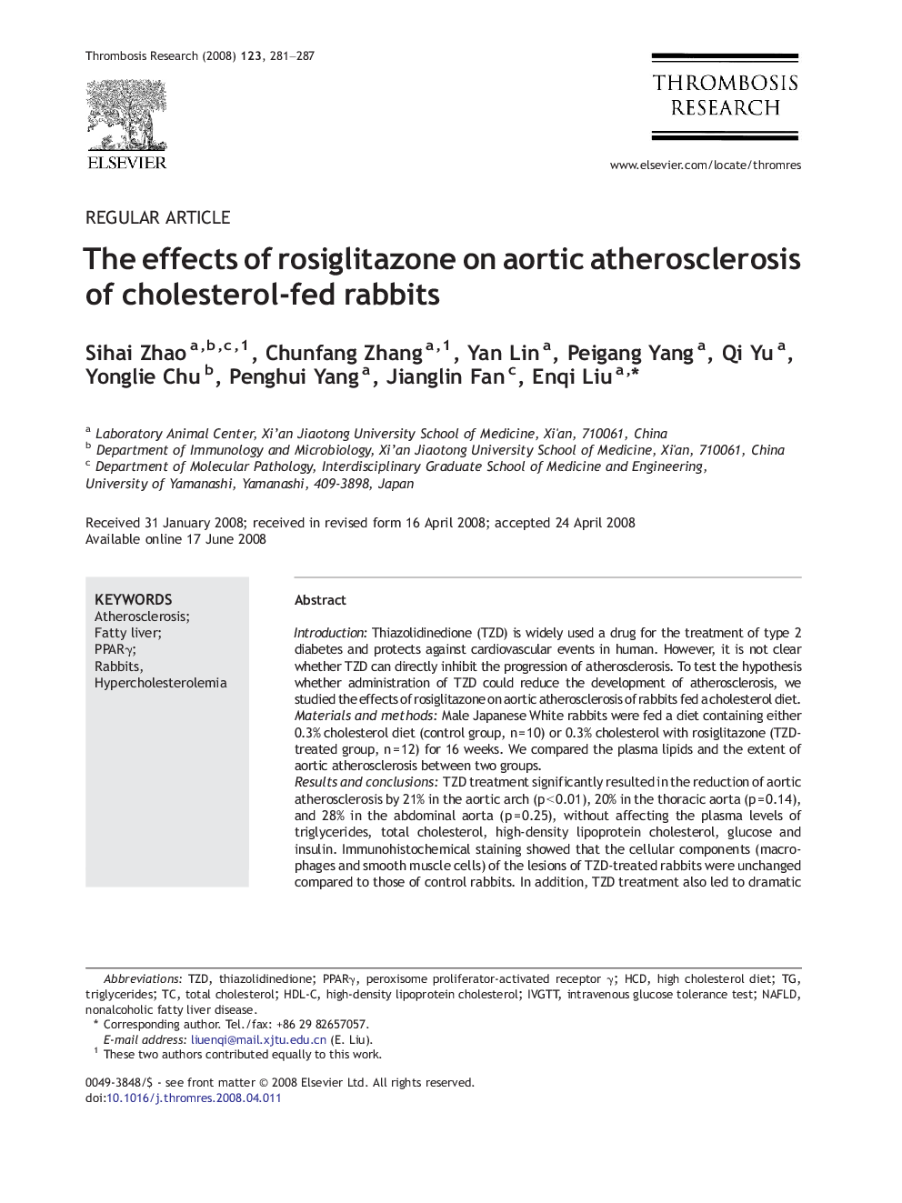 The effects of rosiglitazone on aortic atherosclerosis of cholesterol-fed rabbits