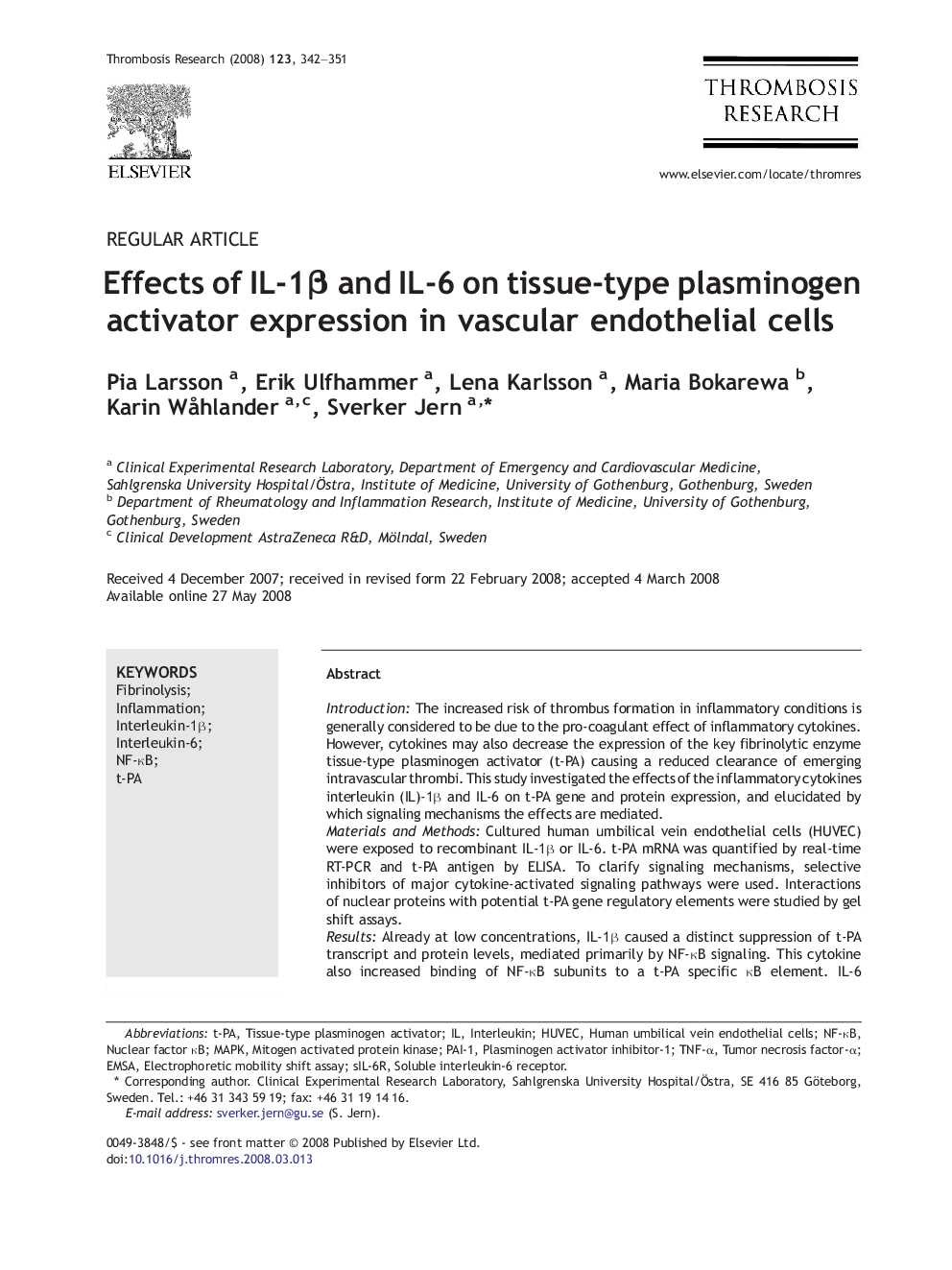 Effects of IL-1β and IL-6 on tissue-type plasminogen activator expression in vascular endothelial cells