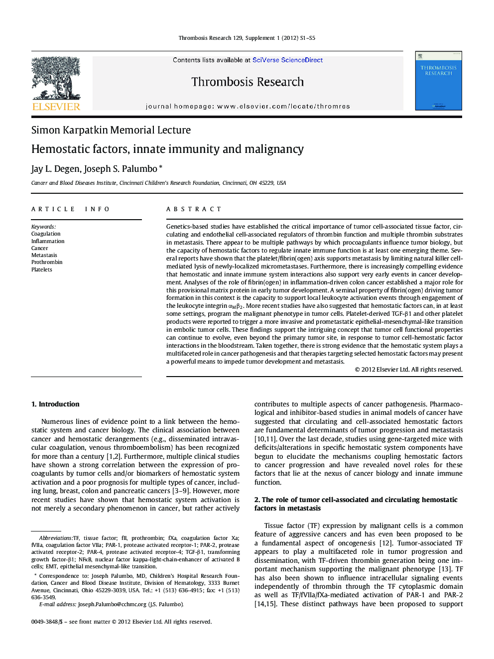 Hemostatic factors, innate immunity and malignancy