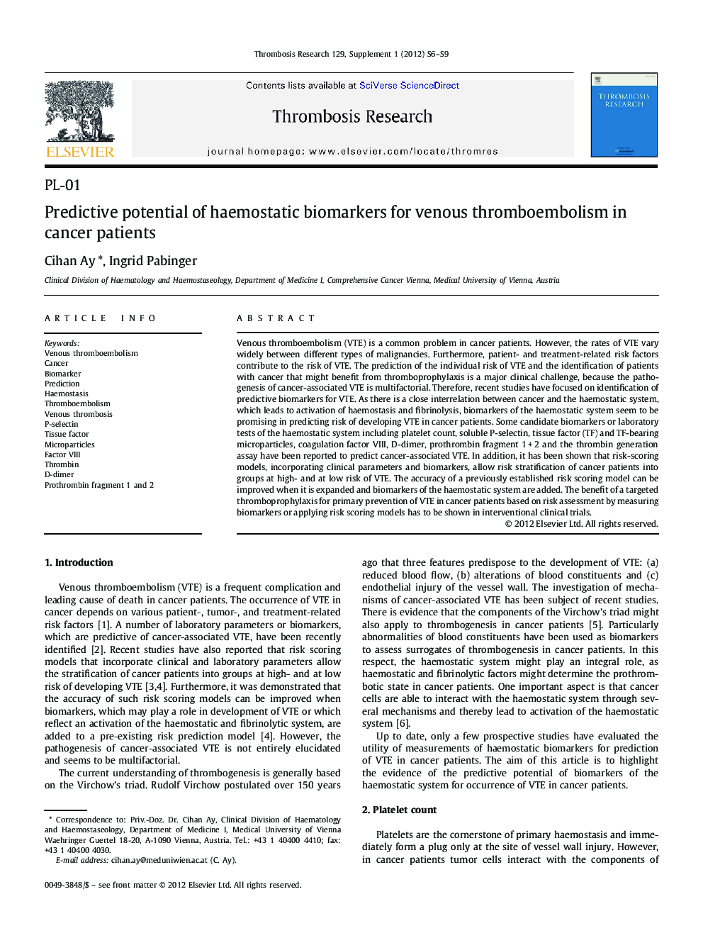 Predictive potential of haemostatic biomarkers for venous thromboembolism in cancer patients