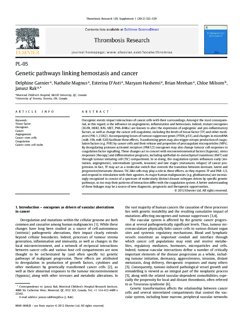 Genetic pathways linking hemostasis and cancer