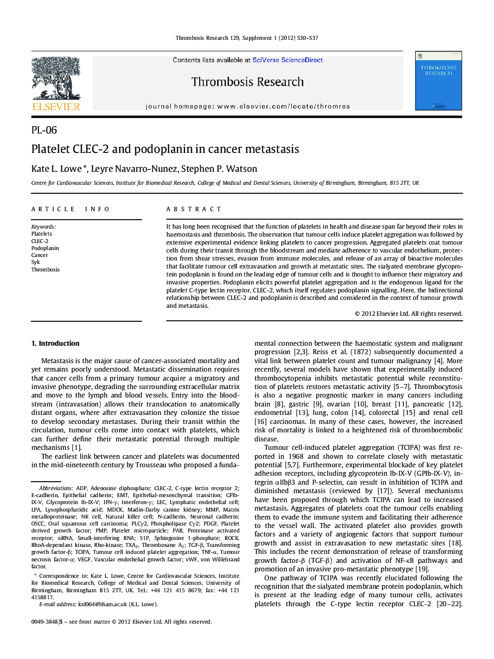 Platelet CLEC-2 and podoplanin in cancer metastasis
