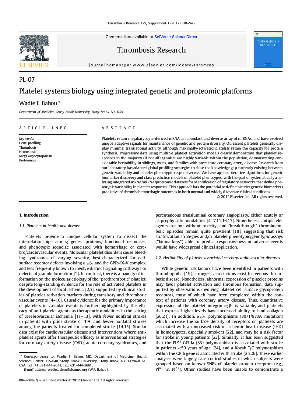 Platelet systems biology using integrated genetic and proteomic platforms