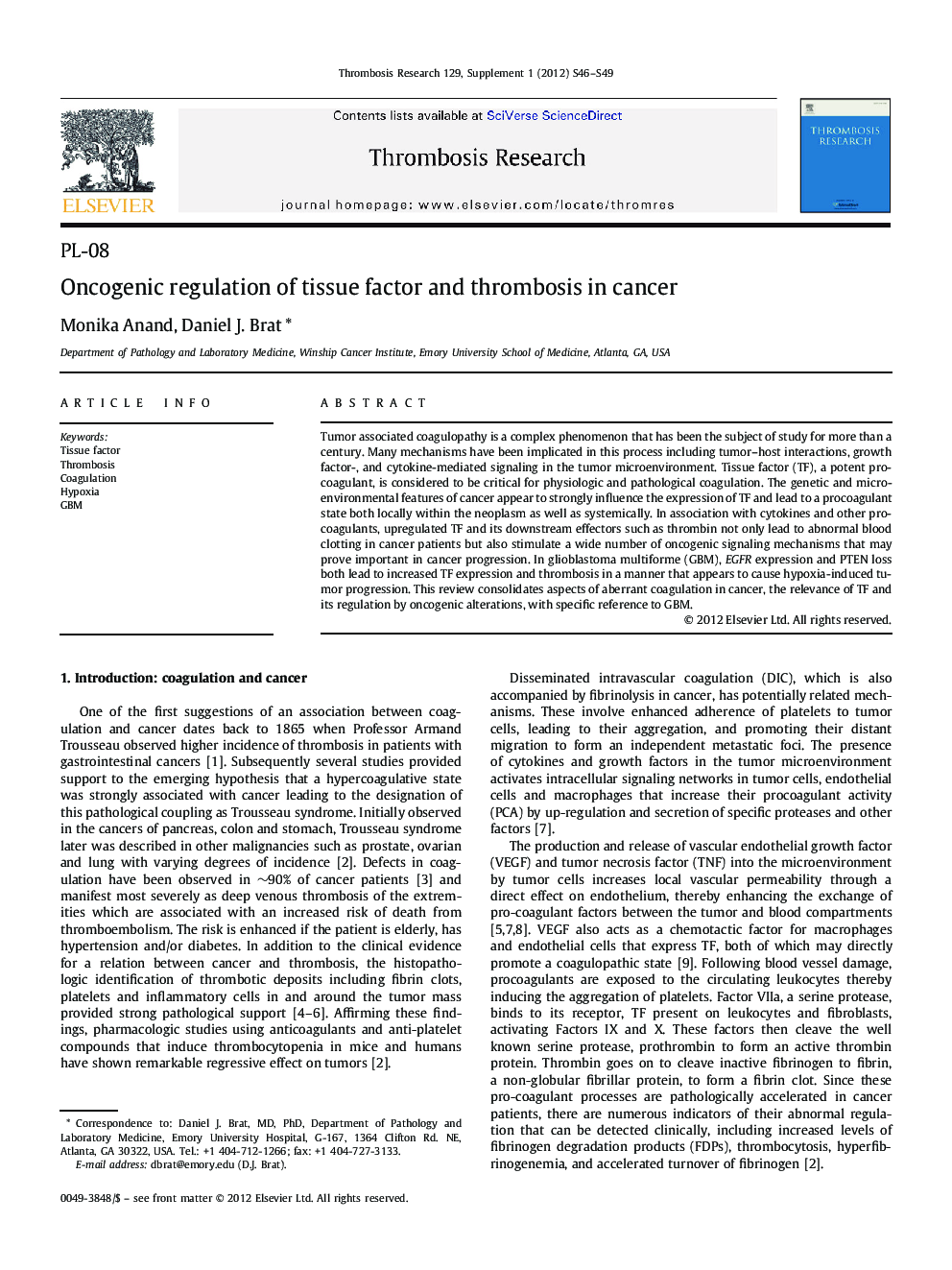 Oncogenic regulation of tissue factor and thrombosis in cancer