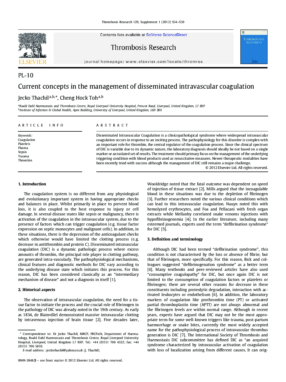 Current concepts in the management of disseminated intravascular coagulation