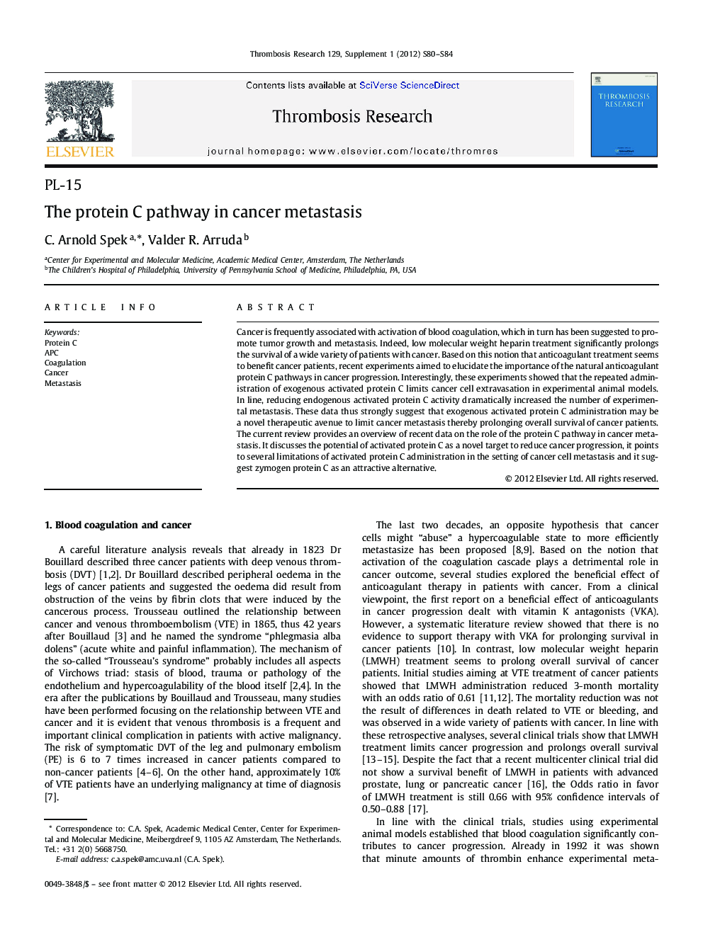 The protein C pathway in cancer metastasis