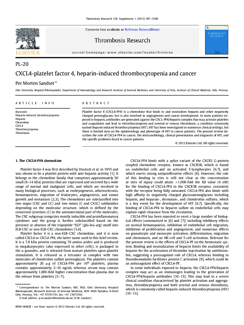 CXCL4-platelet factor 4, heparin-induced thrombocytopenia and cancer