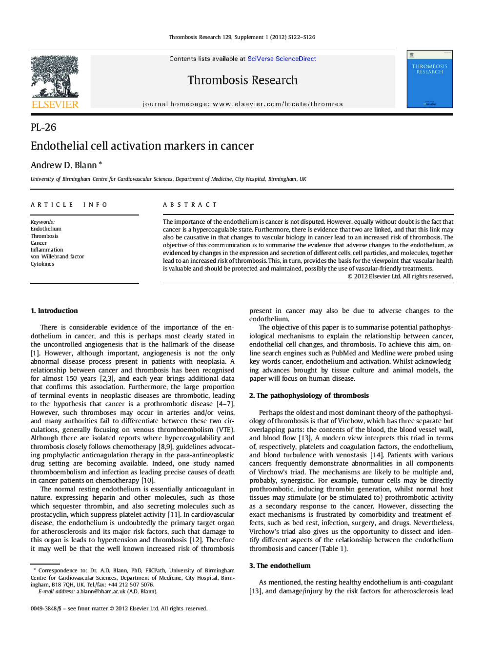 Endothelial cell activation markers in cancer