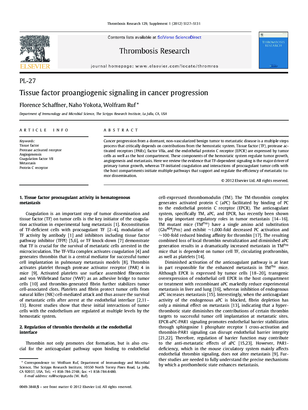 Tissue factor proangiogenic signaling in cancer progression