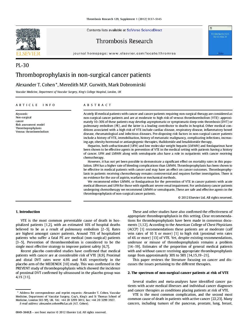 Thromboprophylaxis in non-surgical cancer patients
