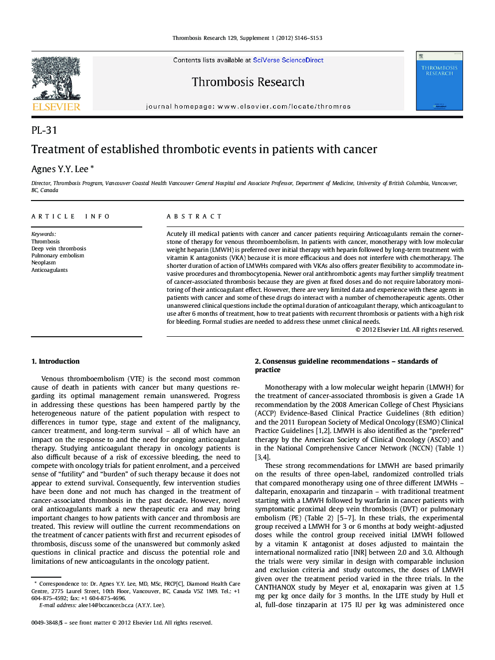 Treatment of established thrombotic events in patients with cancer