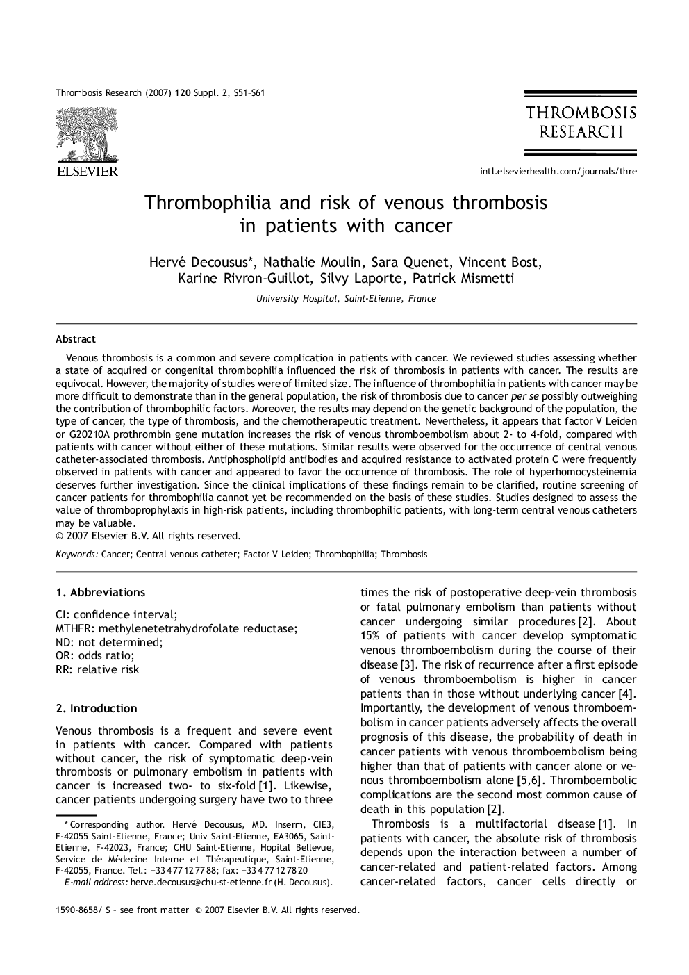 Thrombophilia and risk of venous thrombosis in patients with cancer