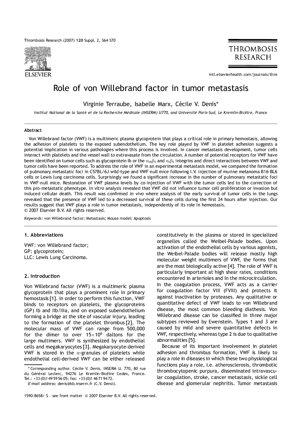 Role of von Willebrand factor in tumor metastasis