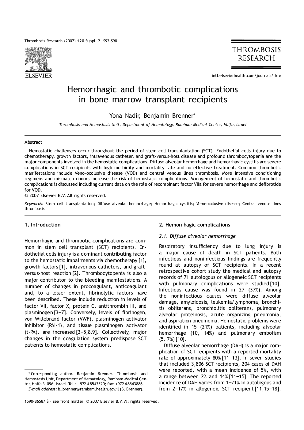 عکس صفحه اول مقاله: Hemorrhagic and thrombotic complications in bone marrow transplant recipients Hemorrhagic and thrombotic complications in bone marrow transplant recipients