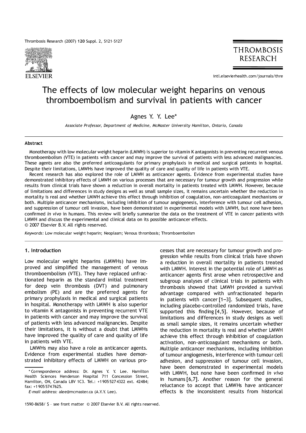 عکس صفحه اول مقاله: The effects of low molecular weight heparins on venous thromboembolism and survival in patients with cancer The effects of low molecular weight heparins on venous thromboembolism and survival in patients with cancer