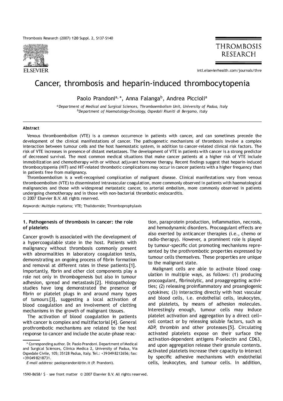 Cancer, thrombosis and heparin-induced thrombocytopenia