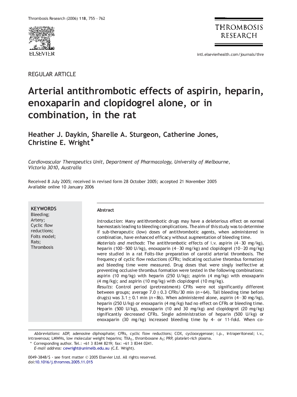 Arterial antithrombotic effects of aspirin, heparin, enoxaparin and clopidogrel alone, or in combination, in the rat