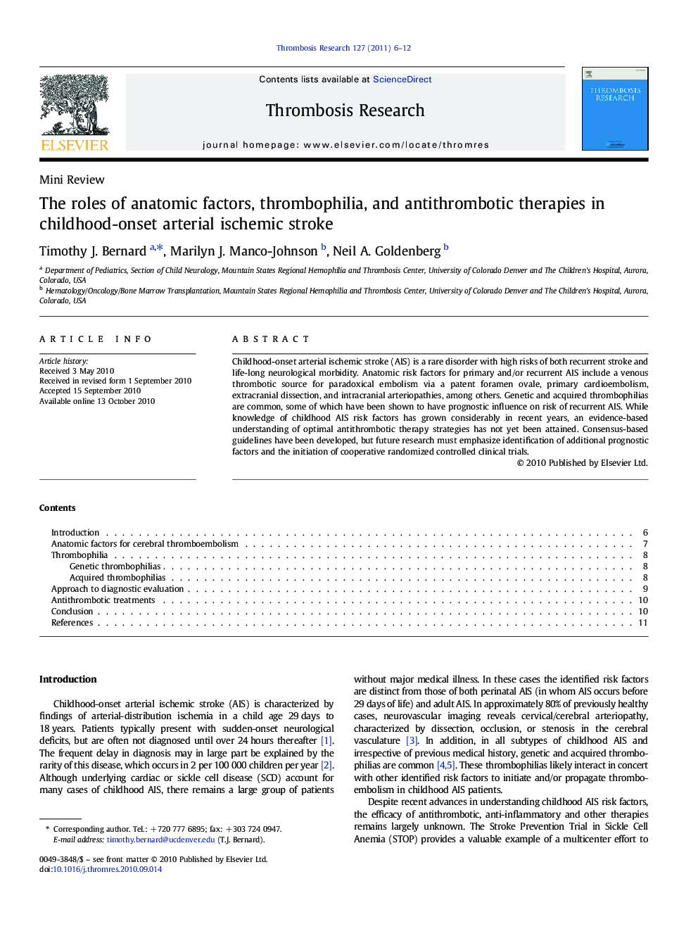 The roles of anatomic factors, thrombophilia, and antithrombotic therapies in childhood-onset arterial ischemic stroke