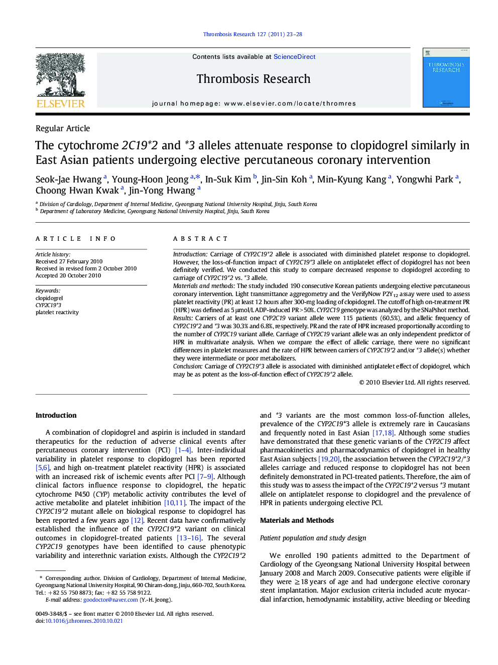 The cytochrome 2C19*2 and *3 alleles attenuate response to clopidogrel similarly in East Asian patients undergoing elective percutaneous coronary intervention