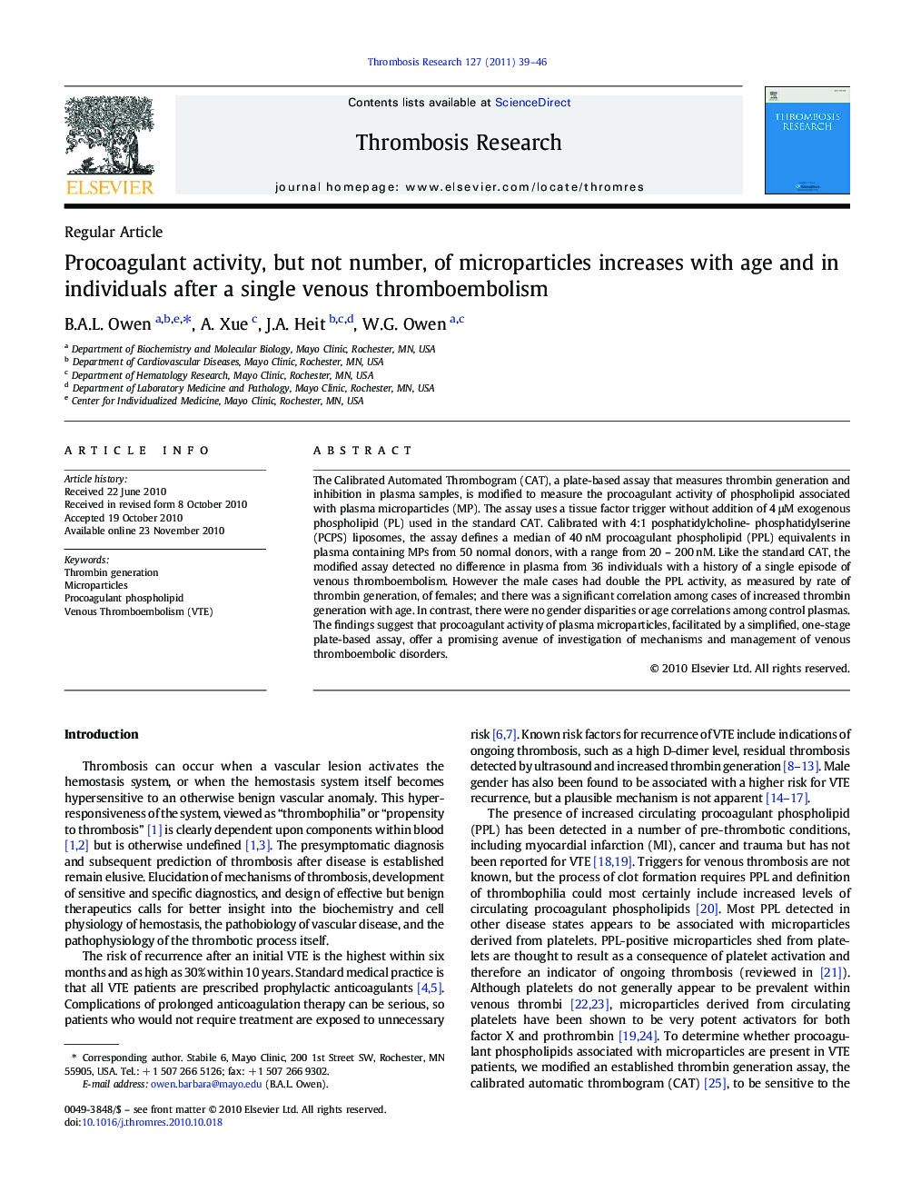 Procoagulant activity, but not number, of microparticles increases with age and in individuals after a single venous thromboembolism