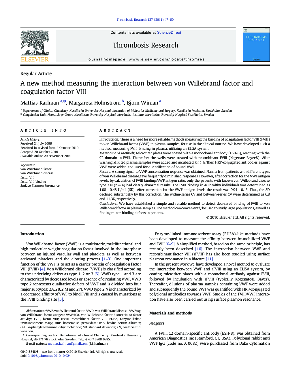 A new method measuring the interaction between von Willebrand factor and coagulation factor VIII